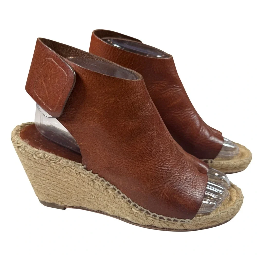 Celine Slingback Brown Leather Espadrille Wedge Sandals Open Toe Ankle Strap 38g